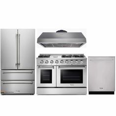 an oven, refrigerator, and range are shown in this image