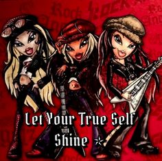 three girls with guitars and hats are standing in front of a red background that says rock star