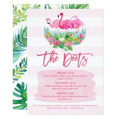 a pink flamingo birthday party card with tropical leaves and flowers on the bottom, in front of a striped background