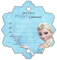 frozen princess birthday party card with an image of a frozen princess holding her hand out