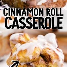 the cinnamon roll casserole is covered in icing