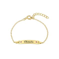 Your little cutie is sure to love this Charming Girl Chiquita cubic zirconia ID bracelet.Your little cutie is sure to love this Charming Girl Chiquita cubic zirconia ID bracelet. Nickel free Metal: sterling silver Inscription: "Chiquita" Length: 6 in. + 1-in. extender Packaging: boxed Plating: 14k gold flash plated Finish: polishedSTONE DETAILS Stone type: cubic zirconia Shape: round Stone size: 1.5 mm x 1.5 mm Size: 6". Color: Sterling Pink. Gender: female. Age Group: kids. Material: Sterling S Kids Gold Bracelet, Id Bracelets, Chain Bracelet, Gender Female, Silver Gold, Cubic Zirconia, Age Group, Gold Bracelet, Jewelry Bracelets