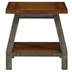 a wooden table with metal legs and a shelf on the bottom that has two shelves underneath it