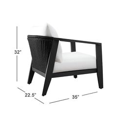 a black and white chair with measurements for the seat