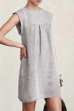 Details:			Material: Cotton And Linen				Style: Casual				Pattern Type: Solid				Element: Solid Color				Neckline: O Neck				Silhouette: A Line				Sleeve Length: Sleeveless				Dresses Length: Mini				Fit Type: Straight				Clothing Length: Short				Type: Solid Color				Size(in)			Bust			Dresses Length			Shoulder Width				S		39.4			33.9			15.4					M		41.3			34.3			15.7					L		43.3			34.6			16.1					XL		45.3			35			16.5					2XL		47.2			35.4			16.9					3XL		49.2			35.8			17.3		Tips:Due to the many v Sleeveless Linen Dress, Peplum Tops, Straight Clothes, Cotton Linen Dresses, Dress Linen, Solid Color Dress, Patchwork Dress, Dress Mini, Knee Length Dresses