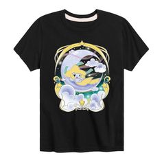 a black t - shirt with an image of a cat on the moon and clouds