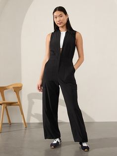 Brooklyn Utility Jumpsuit | Athleta Black Jumpsuit Outfit, Wrinkled Clothes, Utility Jumpsuit, Work And Travel, Bra Dress, Work Uniforms, Jumpsuit Outfit, Long Romper, Black Jumpsuit