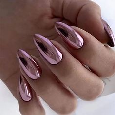 24pcs Medium almond fake nails metallic mirror red black purple blue golden tips faux ongles y2k Purple Chrome Nails, Almond Gel Nails, Pink Chrome Nails, Chrome Nails Designs, Medium Almond, Metallic Nails, Artificial Nails, Chrome Nails, Square Nails