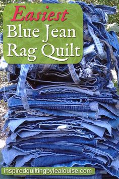 blue jean rag quilt with text overlay that reads easyest blue jean rag quilt