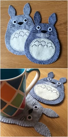 two pictures of some kind of animal rugs on a table with coffee cup and mug