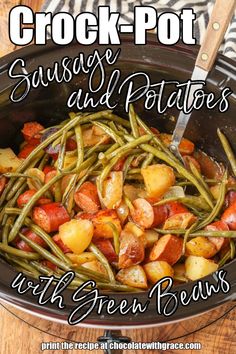 a pot filled with green beans and potatoes on top of a wooden table next to a knife