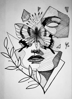 a black and white drawing of a woman's face with butterflies on her head