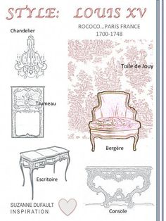 an advertisement with different furniture and decor items in french style, including a chair, table,