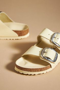 Birkenstock Arizona Big Buckle High Shine Sandals Birks Sandals, Birkenstock Big Buckle, Birkenstock Arizona Big Buckle, Arizona Big Buckle, Cork Footbed Sandals, Purple Sandals, Birkenstock Brown, White Leather Sandals, Footbed Sandals