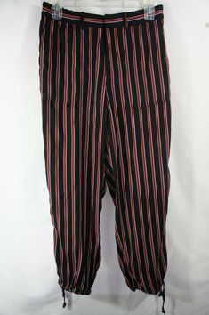 by Anthropologie striped pants - In great condition with some wash wear/fading. Side pockets, cinch ankles with ties, faux back pockets. Size small, see measurements. Approximate measurements taken laid flat, un-stretched: Waist: 14' Inseam: 24" Front rise: 12" From a smoke-free home. Ships to US only. Please read the item description, review all pictures and ask any questions before agreeing to purchase as refunds/returns are not offered. Tropical Fashion, Casual Joggers, Pj Pants, Striped Pants, Pants Black, Black Pants, Black Red, Anthropologie, Black And Red