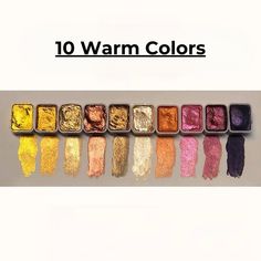 various colors of eyeshades are shown with the words 10 warm colors on them