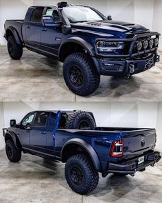 two pictures of the front and rear sides of a blue pickup truck with large tires