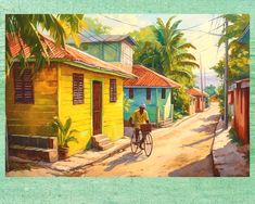 a painting of a man riding a bike down a street next to houses and palm trees