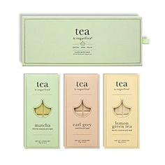 four tea bags in different colors and sizes on a white background with the words tea