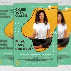 a yoga flyer is shown with an image of a woman sitting in the lotus position