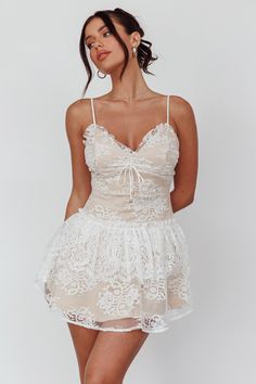 Cielo Lace Peplum Mini Dress White by Selfie Leslie Selfie Leslie, Mini Dress White, Lace Peplum, Pearl And Lace, White Heels, Iron Material, Lace Mini Dress, White Mini Dress, Dress White