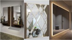 three different views of a room with mirrors on the wall and furniture in the hallway