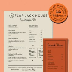 an orange and white menu with some type of food on it next to a sign that says flap jack house