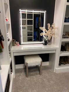 a white dressing table with a mirror, stool and shoes on the floor in front of it