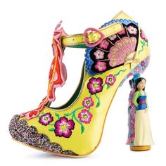 Disney's Mulan X Irregular Choice Let Your True Self Shine Heels Size 35 New In Box. Who Is That Girl I See Staring Back At Me? Let Your True Self Shine Through In A Pair Of These Mulan Character High Heels. Featuring Two Changeable Princess Mulan Looks - Spin The Heel To Choose Your Favorite Style! The Yellow Silky Upper Is Trimmed With Petite Embroidered Cherry Blossoms And A Fan Applique Detail. With A T Bar Fastening And Heart Shaped Buckle, This Style Is Tied Together With A Mushu Applique Disney Heels, Crazy Heels, Princess Mulan, Unique Heels, Irregular Choice Shoes, Manolo Blahnik Heels, Disney Shoes, Funky Shoes, Red High Heels