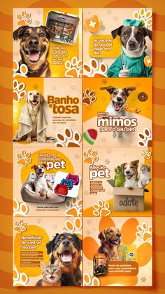 an orange and white poster with dogs on it's sides, in different colors