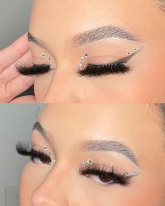 Rhinestone Wing Makeup, Makeup Looks Gemstones, Rhinestone Liner Makeup, Hoco Makeup Ideas With Rhinestones, Bling Halloween Makeup, Makeup Gem Placement, Natural Glam With Rhinestones, Smokey Eye Makeup With Gems, Homecoming Makeup With Rhinestones