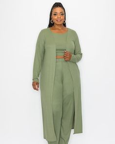 Sweep into a room in this fabulous up-to-the-minute outfit. It has a long, open front duster, a crop top,  and high rise elasticated waist pants with pockets. You'll be ready for any adventure when you wear this ribbed plus-size set. L I V D Khloe Three Piece Rib Set | Light Olive | Dresses | Materials & Care Instructions: ['93% Polyester, 7% Spandex', 'Machine wash cold', 'Made in USA'] Cropped Sleeveless Top, Dresses Materials, Stylish Plus Size Clothing, Tank Crop Top, Olive Dress, Rib Fabric, Pants With Pockets, Cooler Weather, Waist Pants