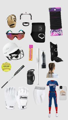 an assortment of sports gear including gloves, sunglasses and baseball mitts is shown in this image