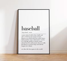 a black and white poster with the words base ball on it in an empty room