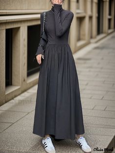 Olivia Mark - Stylish Black Long-Sleeved Maxi Dress Black Long Sleeve Maxi Dress, Long Sleeve Black Maxi Dress, Sleeve Maxi Dress, Long Sleeve Maxi, Maxi Dress With Sleeves, Types Of Skirts, Long Sleeve Maxi Dress, Olivia Mark, A Line Skirt