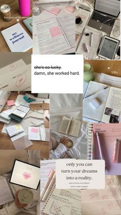 the collage shows many different types of papers and notebooks with writing on them