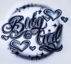 the words baby girl written in black and white are surrounded by heart shaped shapes on a white background