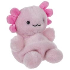 a pink stuffed animal with a bow on its head and eyes, sitting in front of a white background