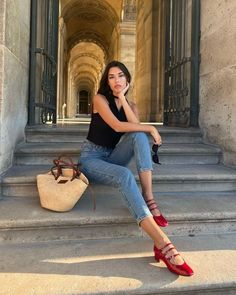 Red Heeled Sandals Outfit, Red Maryjanes Shoes Outfit, Red Shoes And Bag Outfit, Red Heels Outfit Aesthetic, Red Mary Janes Outfit Aesthetic, Red Mary Janes Outfit Summer, Red Shoe Outfits For Women, Red Heels Outfit Work, Red Ballerina Shoes Outfit