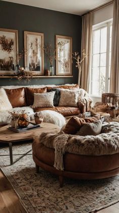 a living room filled with furniture and pictures on the wall next to a large window