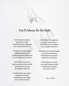 a poem written in cursive writing on white paper with hand holding baby's hand