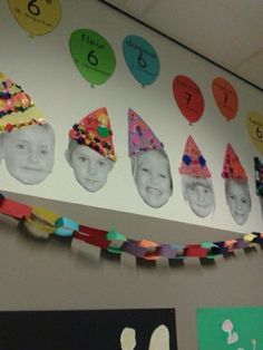 a group of children's birthday hats hanging on the wall