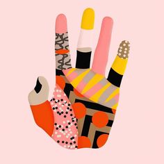 a hand with different colored objects painted on it's palm and the middle finger