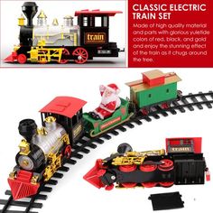 a toy train set with santa claus riding on the engine and other toys around it