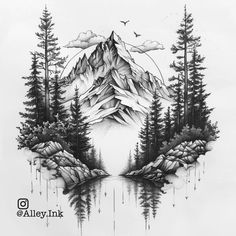 a drawing of mountains and trees with water