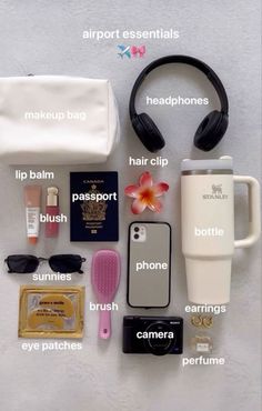 the contents of a travel bag laid out on top of a white surface with text above it