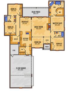 the floor plan for a home with three car garages and two separate living areas