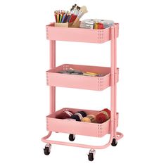 a pink cart with two trays on it and various items in the bins