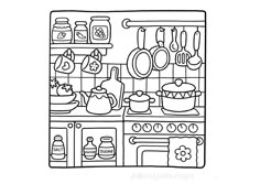 a black and white drawing of an oven with cooking utensils on the shelves