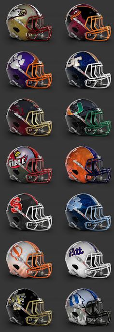 several helmets are shown in different colors